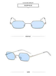 Front- und Seitenansicht der silbernen Polygon-Sonnenbrille mit hellblauen Gläsern