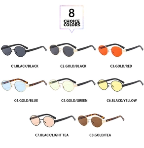 Detail showcasing eight color options for oval metal sunglasses with diverse tinted lenses