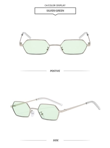 Detailansicht der silbernen Metall-Sechskant-Sonnenbrille mit grünen Gläsern vorne/seitlich