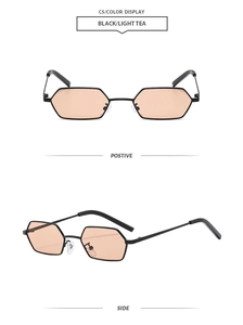 Detailansicht der Vintage-Sechskant-Sonnenbrille mit schwarzen Metallrahmen und Teegläsern