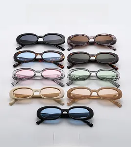 Multiple color options for vintage oval sunglasses with retro narrow frames and metal hinges