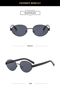 Detail view showing front and side profile of vintage oval sunglasses in black finish