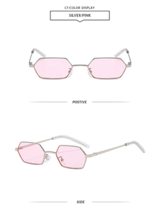 Detail von silberner Polygon-Metallsonnenbrille mit rosa Gläsern in Front- und Seitenansicht