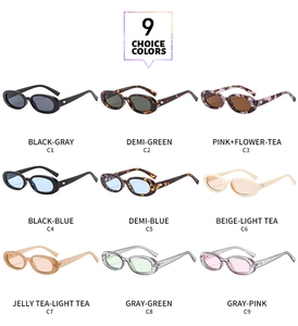 Grid display of oval vintage sunglasses in nine different colors and stylish frames