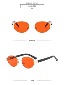Macro view of oval metal sunglasses with gold frame and red lenses from front and side angles