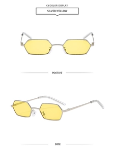 Detaillierte Vorder- und Seitenansicht der silbernen Polygon-Sonnenbrille mit gelben Gläsern