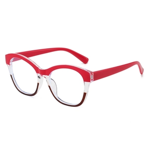 Classic cat-eye tricolor block anti-blue light glasses with red and brown frame