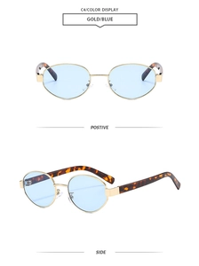 Detail view of oval metal sunglasses with gold frames and light blue lenses in C4 colorway