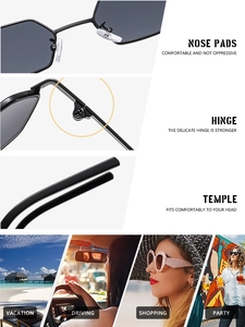 Details zu Metallscharnier, Nasenpads und Bügeln der klassischen polygonalen Sonnenbrille