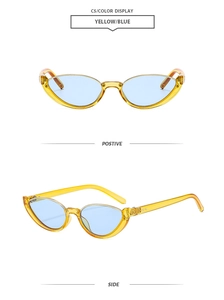 Vue détaillée des lunettes de soleil œil de chat jaunes avec verres bleus C5