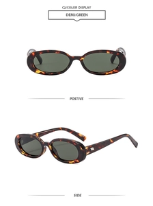 Detail view of oval tortoise shell sunglasses with dark green lenses from front and side angles