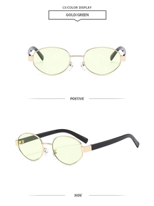 Macro detail of oval vintage sunglasses with gold metal frame and light green lenses