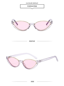 Vue détaillée des lunettes de soleil œil-de-chat violettes avec verres roses et métal doré