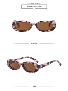 Detail view of oval leopard print sunglasses with brown lenses from front and side angles