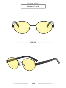 Front and side views of vintage black metal sunglasses with oval yellow lenses