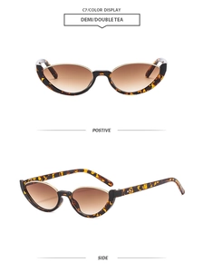 Détails de lunettes œil de chat motif écaillé avec bord doré et verres dégradés marron