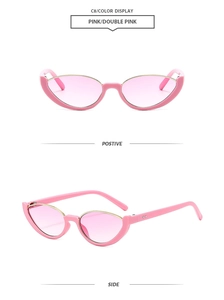 Lunettes de soleil œil de chat roses avec double monture et détails dorés en deux vues