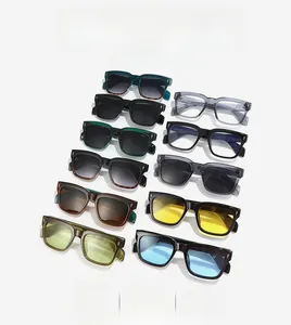 Flat lay of retro square sunglasses in multiple frame colors and tinted lenses