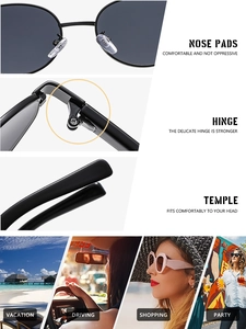 Detail of metal hinges, silicone nose pads, and ergonomic temples on black sunglasses