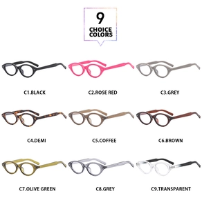 Grid showing nine colors of oval minimalist eyewear frames with anti-blue light lenses
