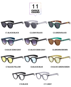 Selection of 11 colors for oval retro sunglasses with metal rivet details on the frame