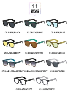 Matrix display of eleven vintage square sunglasses in various lens and frame colors