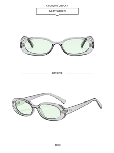 Front and side view of oval fashion sunglasses in transparent gray with green lenses
