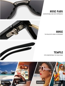 Détail de lunettes œil de chat montrant charnières et plaquettes pour usage quotidien