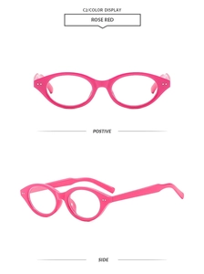 Detail view showing the rose red oval frame glasses from positive and side angles