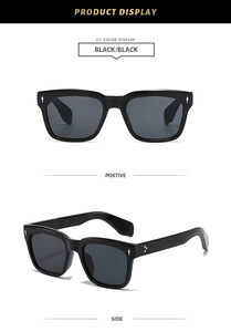 Detailed views of classic black square sunglasses with silver rivets and ergonomic temples