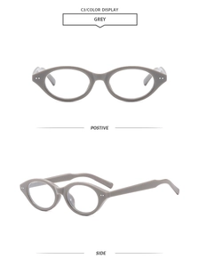 Grey oval retro glasses frame with silver rivets, front and side view display