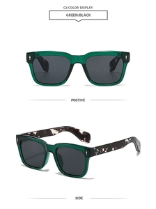Detail of green square sunglasses with silver diamond rivets and tortoiseshell temples