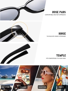 Detail of durable hinges, comfortable nose pads and ergonomic temples of oval sunglasses