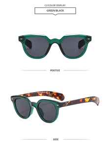 Detail of oval sunglasses featuring translucent green frame and leopard print temples