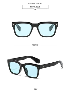 Detailed views of black square sunglasses with light blue lenses and silver rivets