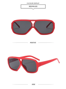 Vue détaillée des lunettes de soleil carrées rouges à double pont et verres foncés