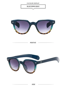 Detail view of oval sunglasses featuring blue demi frames and silver star accents