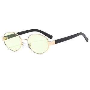 Retro oval sunglasses with light yellow lenses and slim gold metal frame shown at 45 degrees