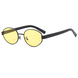 Retro oval sunglasses with black metal frames and vibrant yellow lenses in a side view