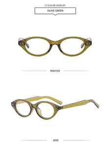 Detailed front and side view of olive green oval eyeglasses frames with metal hinges