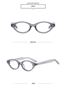 Front and side views of oval grey translucent anti-blue light glasses frame