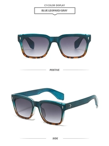Detail of square sunglasses with blue leopard print frame and gray gradient lenses