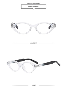 Macro view of oval transparent eyeglasses frames with black temples in two angles
