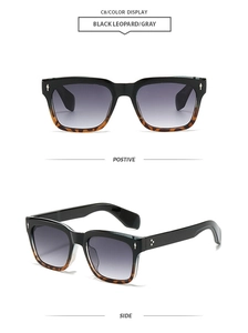 Detail view of square black and leopard print sunglasses with metal rivet hinges