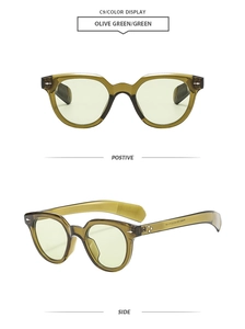 Detail view of olive green retro oval sunglasses with rivet accents and thick frames