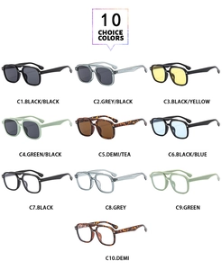 Grid display of vintage double-bridge square sunglasses in ten assorted fashion colors