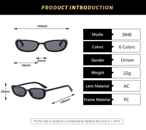 Detailed size specifications for classic 3848 oval sunglasses with unisex PC frame