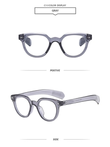 Detail view of oval gray sunglasses frames with positive and side perspectives