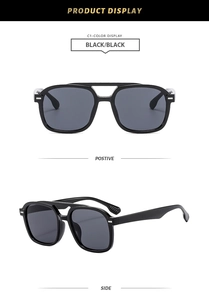 Detailed front and side view of black square sunglasses with metallic rivets and grey lenses