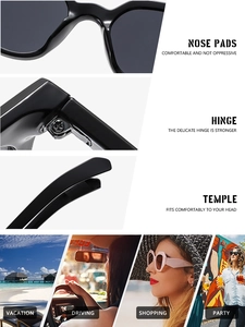 Close-up of nose pads and metal hinges on oval sunglasses with lifestyle usage scenarios